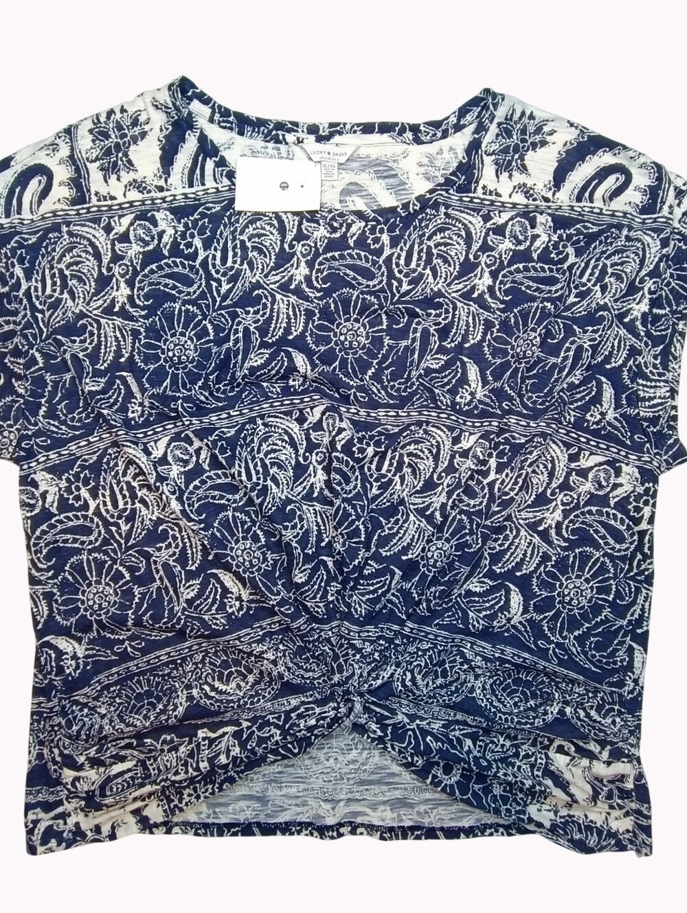 NWT Lucky Brand Paisley Boho Knot Front Cap Sleeve Top Size XL Blue White
